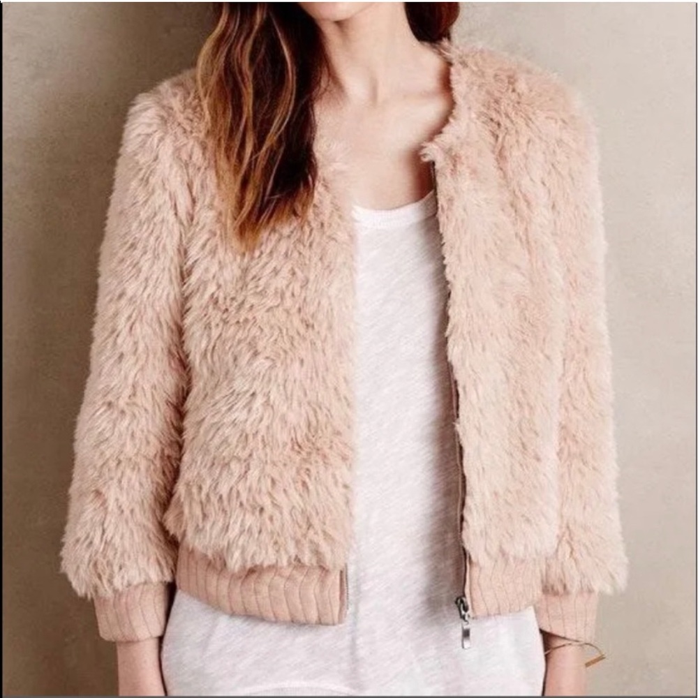 Anthropologie Elevenses Rose faux fur crop bomber jacket